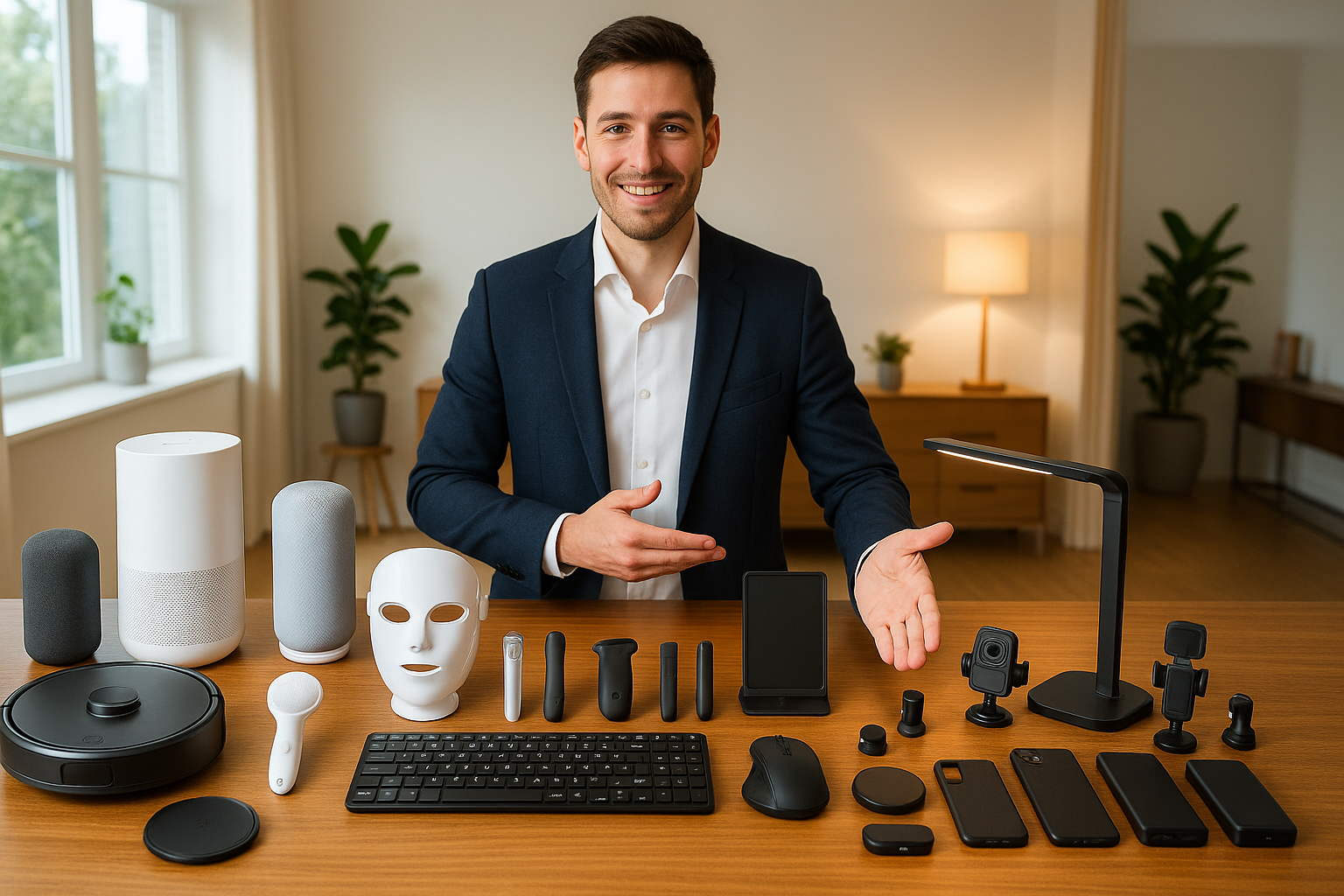 all perfect gadgets for home .office . beauty .vehicles. and mobile accessories in a lighting room and top of the table with a handsome man