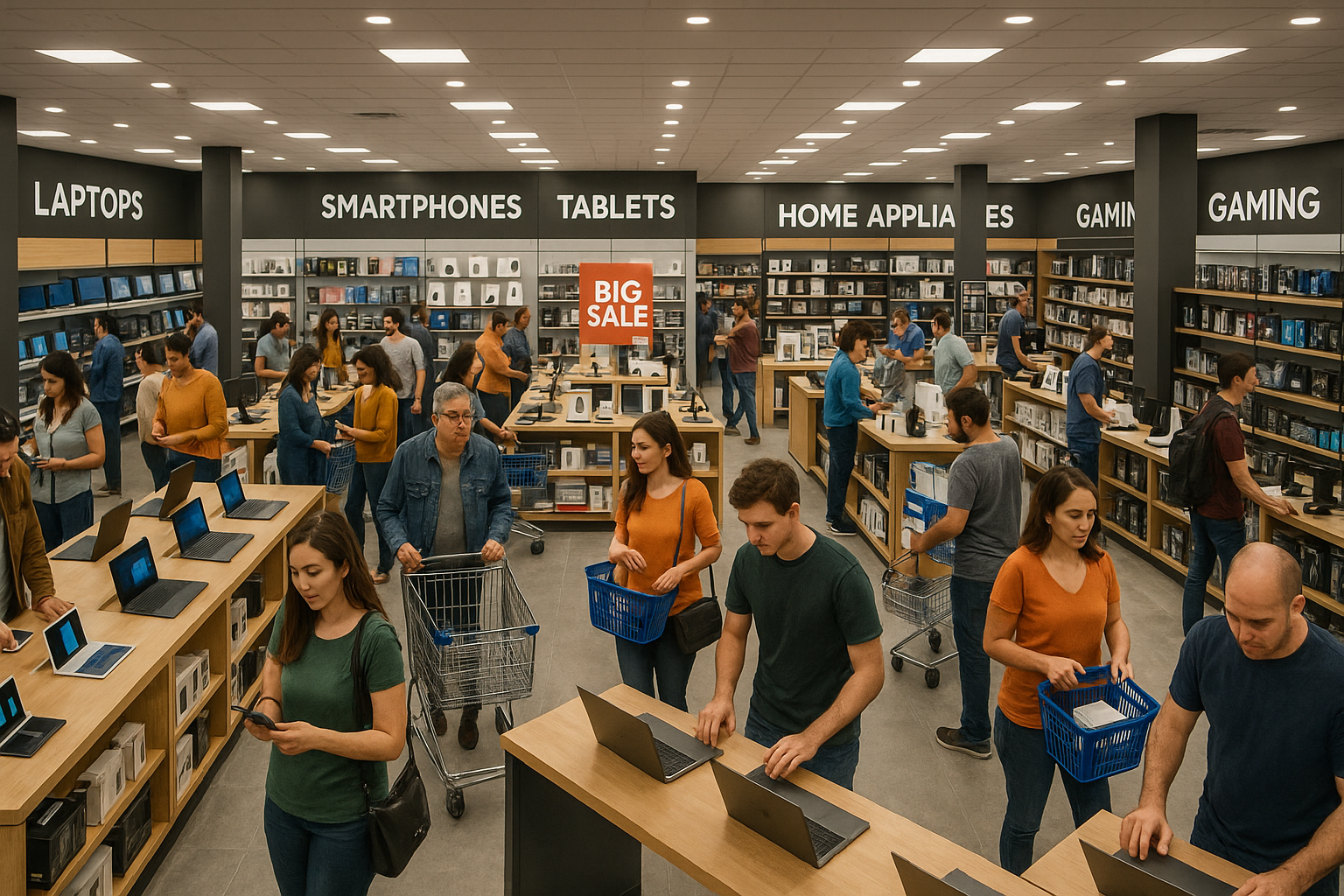 show me a big shopping and full of equipment and gadgets ,laptops and mobile phones and household gadgets that peoples are buying. 